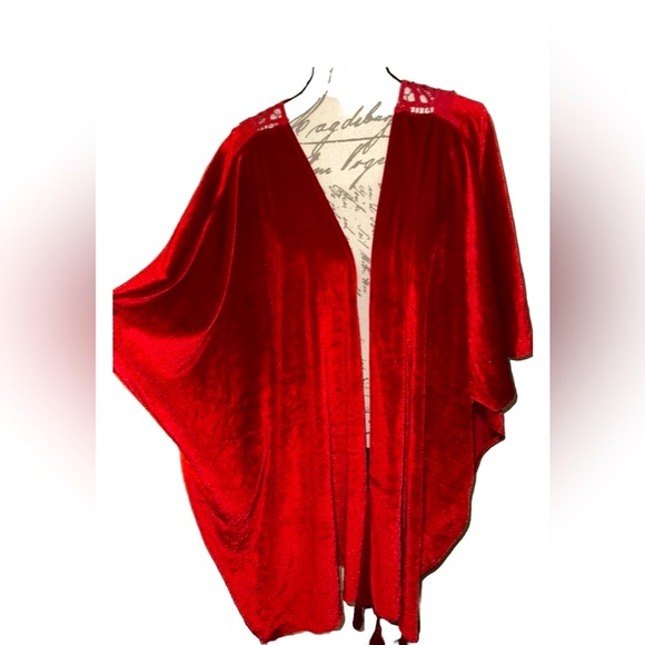 Vada Winter Accessories - 🌹NWOT Vada Winter Bright Red Velvet Crochet Kimono